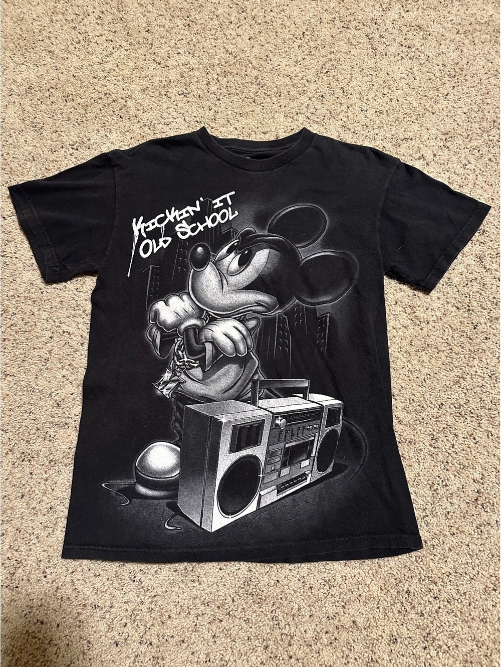 Disney Mickey Mouse Kickin' It Old School Black Graphic T-Shirt Medium